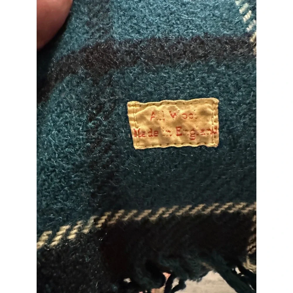 Vintage All Wool Made in England Plaid Scarf Teal Blue Red Fringe